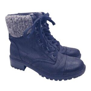 Universal Thread Black Faux Leather Lace Up Boots Knit Sock Trim Womens Size 9.5